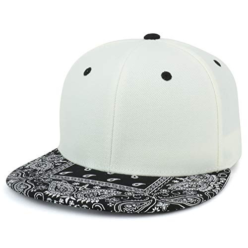 Armycrew Paisley Bandana Print Flat Bill Snapback Cap - White Black