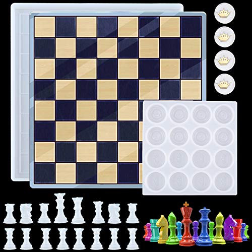Endoto Chess Set with Checkers Board Silicone Resin Mold- 16 Pieces Full Size 3D Chess Crystal Epoxy Casting Molds for DIY Art Crafts Making- Family Party Board Games and Home Decoration