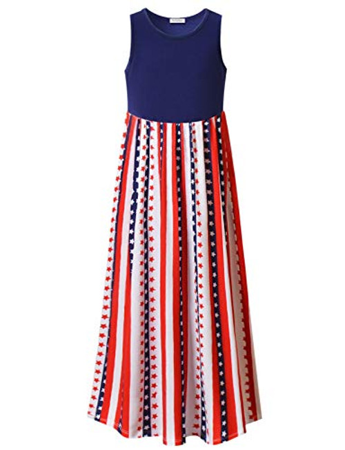 4th July Maxi Dresses for Big Girls 10 12 USA Flag Independence Day Long Dress with Pockets