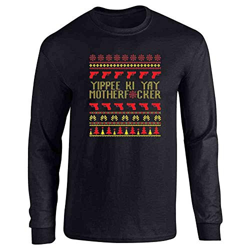 Pop Threads Yippee Ki Yay MFer Christmas Sweater Funny Black L Full Long Sleeve Tee T-Shirt