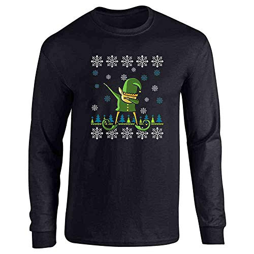 Pop Threads Elf Dabbing Christmas Holiday Funny Sweater Style Black L Full Long Sleeve Tee T-Shirt