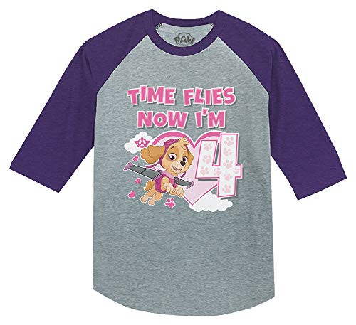 Paw Patrol Skye 4th Birthday Girl 3/4 Sleeve Baseball Jersey Toddler Shirt 5T Purple