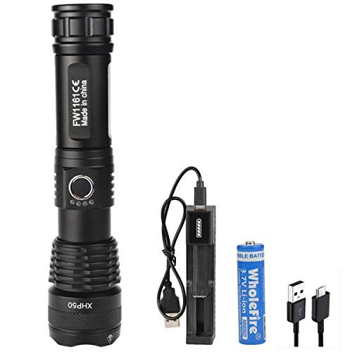 WholeFire 4000 High Lumens Handheld Flashlight LED Rechargeable Tactical Torch Light Super Bright XHP50- Waterproof-Zoomable- Power Display- 5 Working Modes with 18650 battery and USB Charger