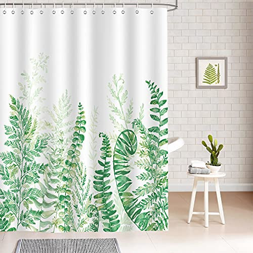 Bonhause Fern Leaves Shower Curtain with 12 Hooks Green Plants Decorative Bath Curtain 72 x 72 Inch Polyester Fabric Machine Washable Waterproof Bathroom Curtain