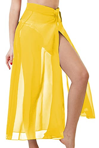 Sarong Swimsuit Cover Ups for Women Sheer Bathing Suit Beach Skirt Maxi Wrap-Yellow-M-