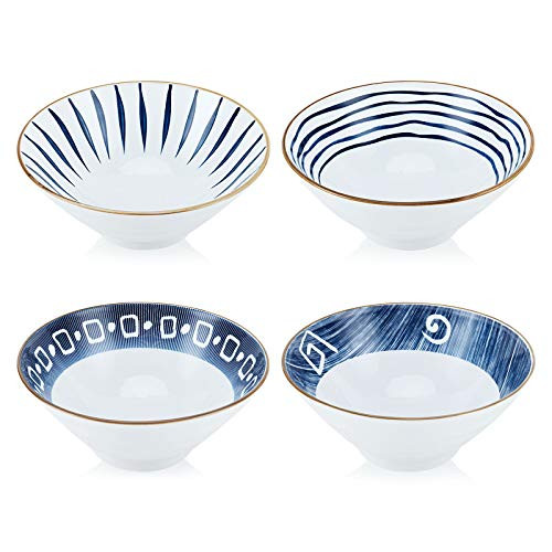 Goporcelain Cereal Bowls - 24Oz Porcelain Ramen Soup Bowls Set of 4 - Cereal Bowls Soup Serving Bowls- Salad Pasta Bowls Set- Blue and White Porcelain Deep Bowls for Soup- Chip-resistant