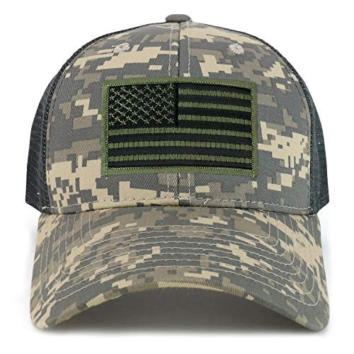 Armycrew Black Olive American Flag Patch Camouflage Structured Mesh Trucker Cap - ACU