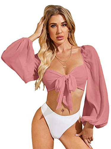Romwe Women's Sweetheart Neck Tie Knot Front Long Sleeve Crop Tops Blouse Pastel Pink M