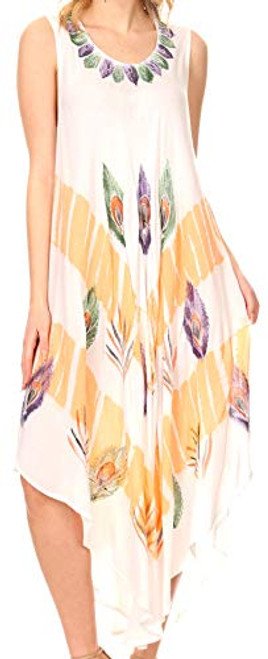 Sakkas 201RC Peacock Feather Caftan Dress/Cover Up - White - OS