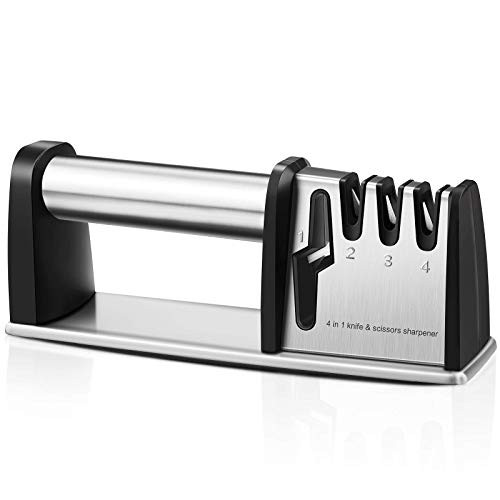 Knife Sharpener Professional Scissor Sharpener 4 in 1 Non-slip Base with Ergonomic Design for All Sized Household Knives 4 Stages Sharpening Tool with Diamond Emery- Ceramic- Tungsten Steel