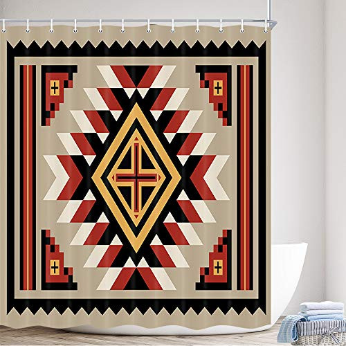 Southwestern Shower Curtain for Bathroom- Southwest Native American Retro Tribal Navajo Aztec Geometric Ethnic Pattern Bathroom Accessories Fabric Tribal Bathroom Curtain with Shower Curtain Hooks