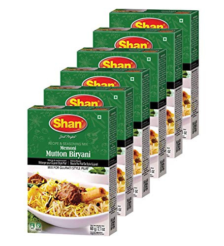 Shan Memoni Mutton Biryani Recipe and Seasoning Mix 2.11 oz -60g- - Spice Powder for Gujrati Style Pilaf - Suitable for Vegetarians - Airtight Bag in a Box -Pack of 6-