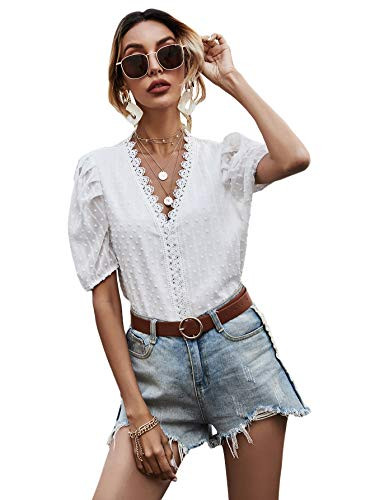 SheIn Women's Short Puff Sleeve V Neck Lace Solid Swiss Dots Blouse Shirt Top White S