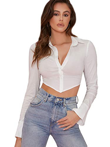 Floerns Women's Flounce Long Sleeve Button Down Crop Top Backless Tie Back Shirt White M