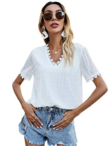 SheIn Women's V Neck Short Sleeve Blouse Top Swiss Dots Lace Solid Blouse Shirt White L