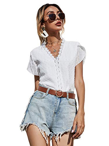 SheIn Women's Petal Short Sleeve V Neck Lace Trim Solid Blouse Shirt Tops White S