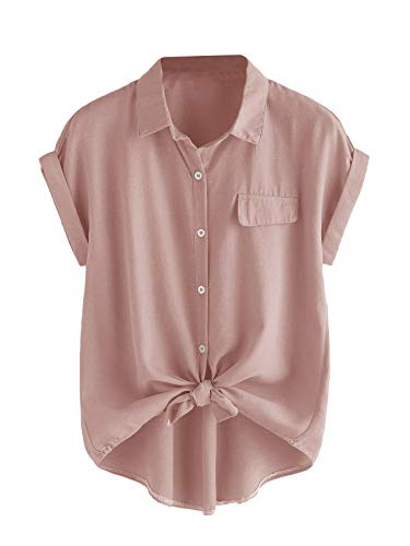 Romwe Women's Plus Size Casual Short Sleeve Button Down Tie Knot Front Tshirts Loose Tops Pink1 4X Plus