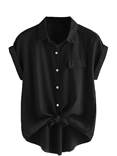 Romwe Women's Plus Size Casual Short Sleeve Button Down Tie Knot Front Tshirts Loose Tops Black-1 1X