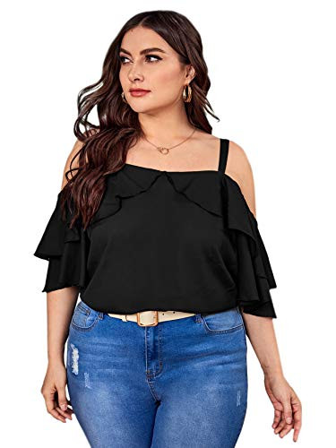 Romwe Women's Plus Size Cold Shoulder Strap Ruffle Short Sleeve Solid Blouse Tops Black 3XL