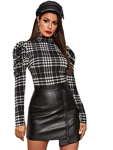 Romwe Women's Elegant Plaid Mock Neck Puff Long Sleeve Slim Fit Blouse Tops Black and White1 Large