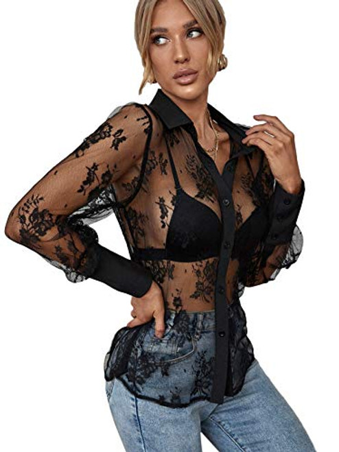 SheIn Women's Floral Sheer Lace Long Sleeve Blouse Button Front Collar Tops Shirt Black Small