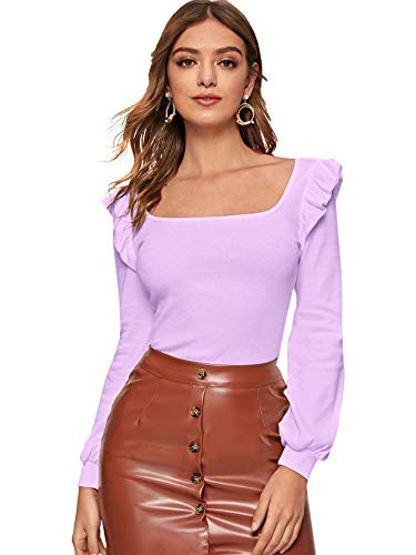 SheIn Women's Long Sleeve Scoop Neck Ruffle Trim Top Blouse Lantern Sleeve Solid Tee Light Purple Small