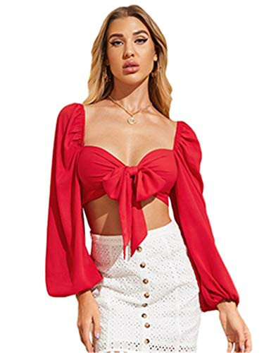 SOLY HUX Women's Tie Knot Front Bishop Long Sleeve Crop Top Blouse Red M