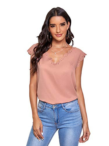 SheIn Women's V Neck Cap Sleeve Scallop Trim Blouse Solid Casual Tops Shirt Dusty Pink Large