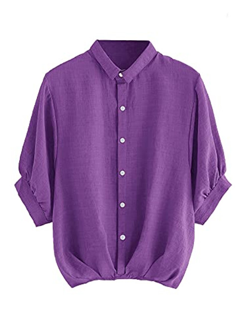 Milumia Women's Collar Lantern Short Sleeve Pleated Hem Button Down Work Blouse Shirt Top Purple Large