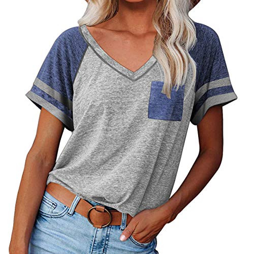 Womens Short Sleeve Raglan Crewneck T Shirts Tees Color Block Casual Loose Fit Tshirts Tops -Grey- Medium-