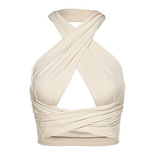 Women Halter Wrap Tank Top Cut Out Bustier Cami Criss Cross Bandage Crop Halter Top Beige Women Halter Wrap Tank Top Cut Out Bustier Cami Criss Cross Bandage Crop Halter Top Beige