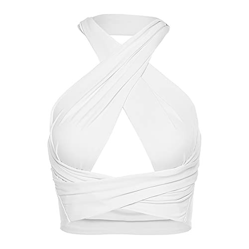 Women Halter Wrap Tank Top Cut Out Bustier Cami Criss Cross Bandage Crop Halter Top White Women Halter Wrap Tank Top Cut Out Bustier Cami Criss Cross Bandage Crop Halter Top White