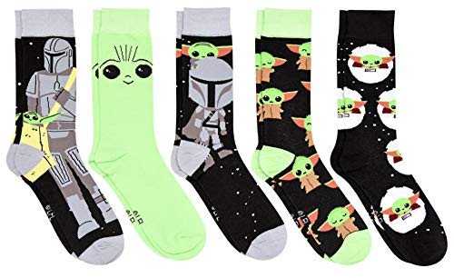 Star Wars Baby Yoda with Mando The Mandalorian Men's Crew Socks 5 Pair Pack