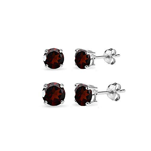 2 Pair Set Sterling Silver Garnet Round Stud Earrings for Teen Girls 4mm 6mm