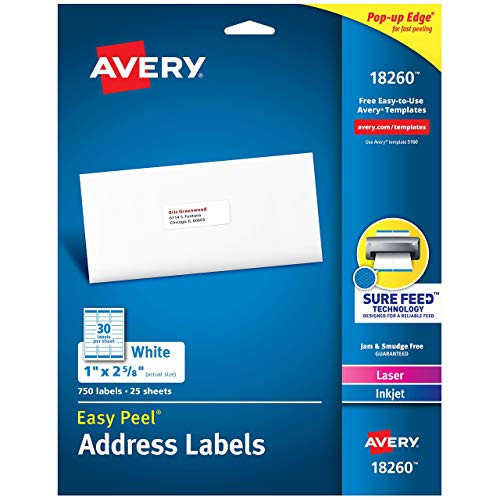 Address Labels with Sure Feed for Laser  and  Inkjet Printers- 1inch x 2-5/8inch- 750 Labels - 1