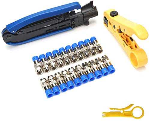 Coaxial Compression Tool  TECHTOO Adjustable Coax Cable Crimper Tool Kit Compatible with RG6 RG59 RG11 75-5 75-7 Coaxial Cable Stripper with 20x F Coax Compression Connectors