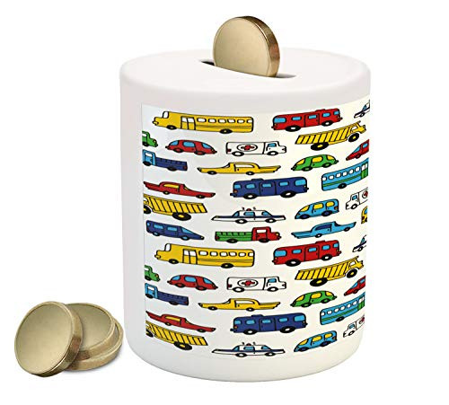 Lunarable Cartoon Piggy Bank- Hand Drawn Doodled Car Pattern Style Police Bus Car Print- Ceramic Coin Bank Money Box for Cash Saving- 3.6inch X 3.2inch- Multicolor
