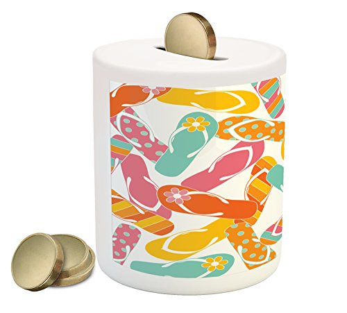 Ambesonne Summer Piggy Bank- Colorful Bunch Flip Flops Sandals Pattern Relax Holiday Sunbath Theme Groovy Graphic- Printed Ceramic Coin Bank Money Box for Cash Saving- Multicolor