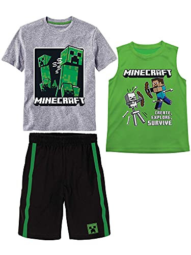 Minecraft Boys Creepers 3 Piece T-Shirt Tank Top Short Set -Grey- 5/6-