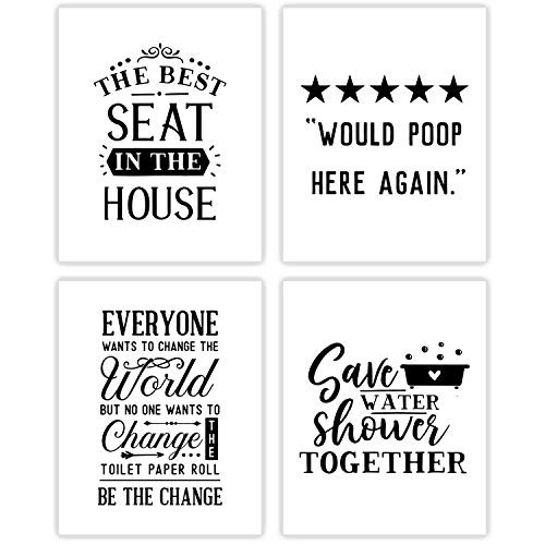 Funny Bathroom Signs | Set of 4 (8x10) Funny Bathroom Quotes | Typography Bathroom Wall Art & Pictures | Toilet Decor | Black & White Prints
