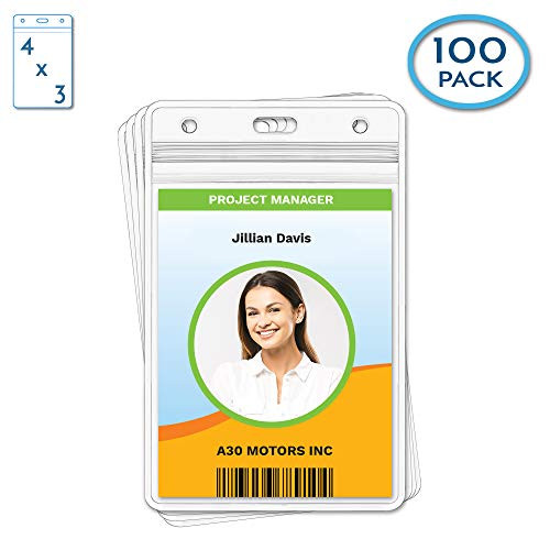 Claev Vertical 4x3 ID Badge Holders (4x3 Large, 100 Pack), Clear Waterproof Plastic Name Badge Holders for Conferences, Conventions, Offices & Schools