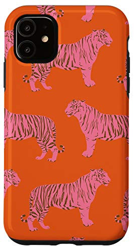 iPhone 11 Pink Orange Tiger Pattern Trendy Boho Aesthetic Big Cats Case