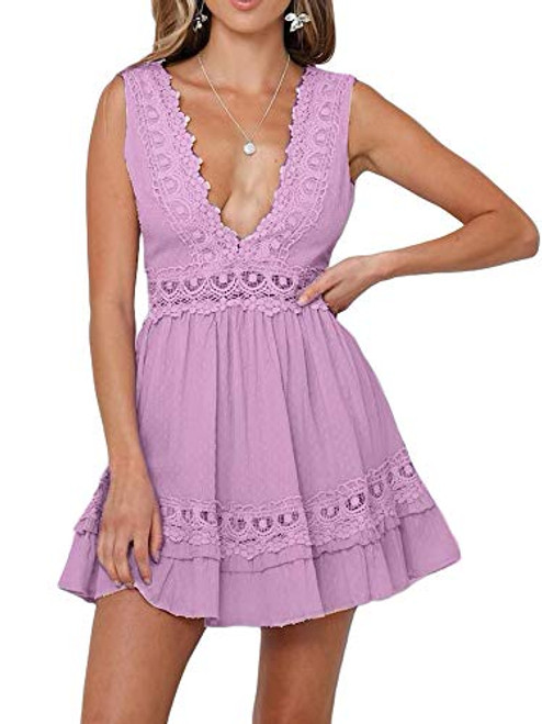 REDWOON Womens Sexy Lace Mini Swing Skater Dress V-Neck Sleeveless Hem Backless Short Beach Party Club Dresses -1 Purple- M- REDWOON Womens Sexy Lace Mini Swing Skater Dress V-Neck Sleeveless Hem Backless Short Beach Party Club Dresses -1 Purple- M-