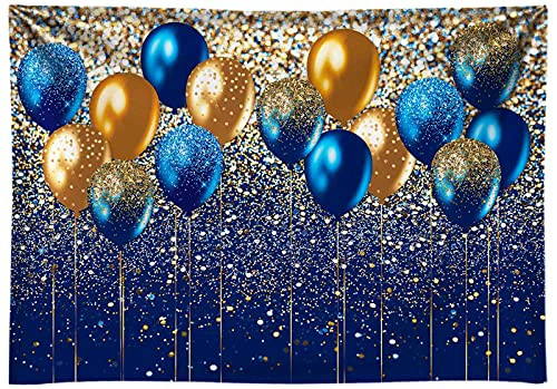 Funnytree 7X5FT Soft Fabric Balloons Backdrop Royal Blue and Gold Glitter Background Birthday Prince Prom Graduation Party Banner Cake Table Decor Portrait Photo Studio Photobooth Props Gift Supplies