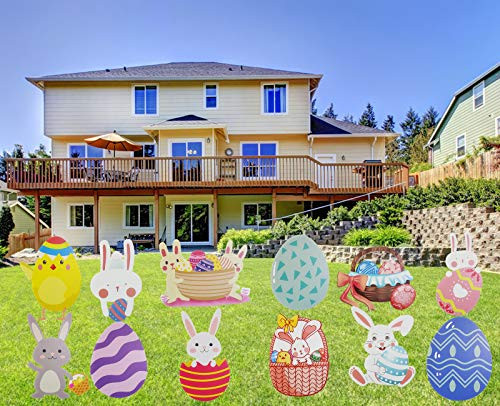 JSY-UP 12Pcs Easter Yard Sign and Outdoor Lawn Decorations - Large Funny Bunny- Chick and Egg Corrugated Yard Signs with Plastic Stakes - Easter Decor - Easter Decorations Outdoor