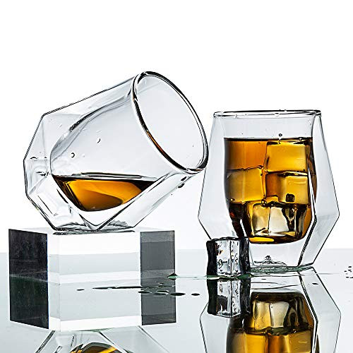 Whiskey Glasses Hand Blown Double Walled Glass Set of 2 with Premium Gift Box Perfect for Scotch- Bourbon- and Old Fashioned Cocktails