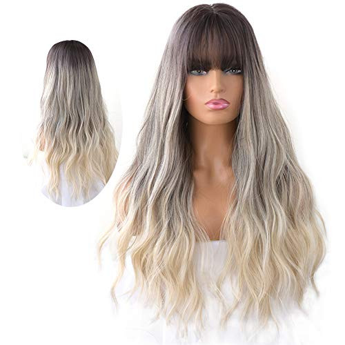 HUAISU Curly Blonde Wigs for Women Ombre Synthetic Wig with Bangs Cosplay Wig -27inch-Blond -
