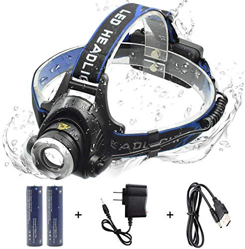 WASAGA Head Torch- 2000 Lumen Zoomable Rechargeable LED Headlamp Headlight Flashlight- Waterproof Adjustable LED Headlamp- Perfect for Running- Camping