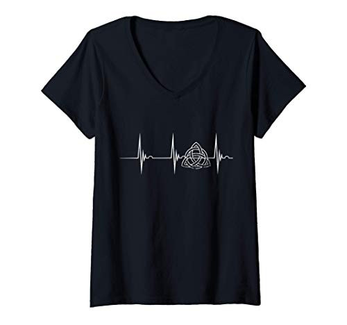 Womens Irish Celtic Knot Trinity Triquetra Heartbeat EKG Pulseline V-Neck T-Shirt