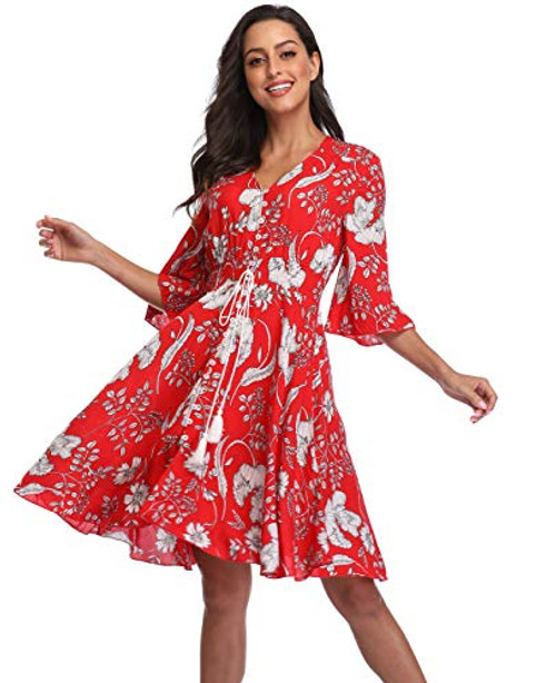 BestWendding Summer Floral Flowy Party Dresses Women Casual Button Up Split Swing Boho Beach Midi Dress